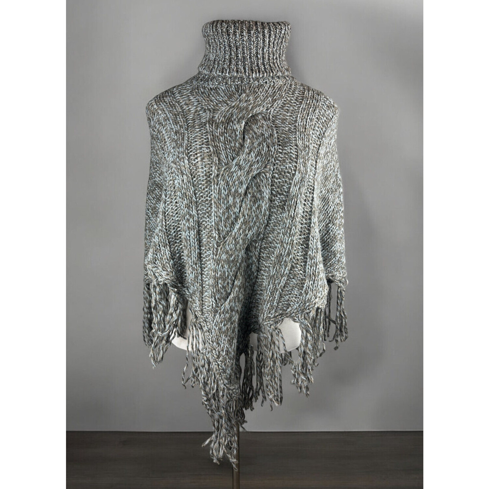 Inis Crafts 100% Merino Wool Poncho Sweater Cape Fringe Brown Irish Made S/M - Picture 2 of 16